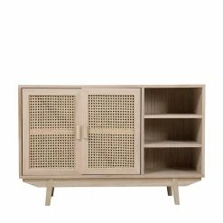 100x65x36 2-türige Kommode Mit Drei Offenen Fächern - Oncinasa -Lana Sales 100x65x36 2 tuerige kommode mit drei offenen faechern in natur mit rattan oncinasa 03