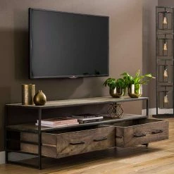 135x45x40 TV Kommode Aus Grey Wash Akazie - Lixiam -Lana Sales 135x45x40 tv kommode aus grey wash akazie und metall industrial style lixiam 02