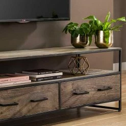 135x45x40 TV Kommode Aus Grey Wash Akazie - Lixiam -Lana Sales 135x45x40 tv kommode aus grey wash akazie und metall industrial style lixiam 04