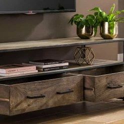 135x45x40 TV Kommode Aus Grey Wash Akazie - Lixiam -Lana Sales 135x45x40 tv kommode aus grey wash akazie und metall industrial style lixiam 05