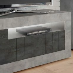 138cm TV Bank In Dunkelgrau & Beton Grau - Uxena -Lana Sales 138cm tv bank in dunkelgrau beton grau mit fach 3 tueren uxena 04
