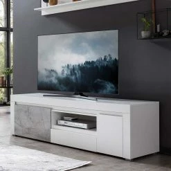 180 Cm Breites TV Lowboard Mit 50 Cm Höhe - Volicra -Lana Sales 180 cm breites tv lowboard mit 50 cm hoehe in weiss mit grau marmor volicra 03