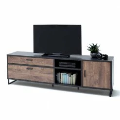 220 Cm Breites Lowboard Für TV In Dunklem Eiche Dekor - Emjedov -Lana Sales 220 cm breites lowboard fuer tv in dunklem eiche dekor und grau emjedov 02