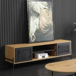 Ausgefallenes TV Board Mit Kunstrattan Einsätzen - Zavias -Lana Sales ausgefallenes tv board mit kunstrattan einsaetzen in schwarz natur holzdekor zavias 02