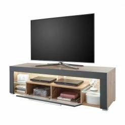 Beleuchtete TV Kommode Mit Klappe & Glas-Böden - Lorena 10 Beleuchtete TV Kommode Mit Klappe & Glas-Böden - Lorena -Lana Sales beleuchtete tv kommode mit klappe glas boeden in grau asteiche optik lorena 02
