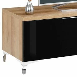 Design TV Board In Schwarz Glas & Eiche - Saspan -Lana Sales design tv board in schwarz glas eiche dekor mit chrom fuessen saspan 02