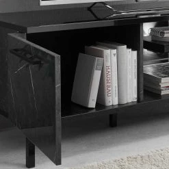 Design TV Kommode In Schwarz Marmor Optik - Cabriza -Lana Sales design tv kommode in schwarz marmor optik hochglaenzend 156x51x50 cabriza 05