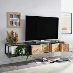 Hängendes TV Board Aus Holz & Wiener Geflecht - Leiria -Lana Sales haengendes tv board aus holz wiener geflecht metall in natur schwarz leiria 02