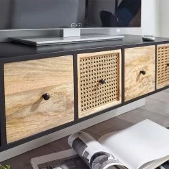 Hängendes TV Board Aus Holz & Wiener Geflecht - Leiria -Lana Sales haengendes tv board aus holz wiener geflecht metall in natur schwarz leiria 04