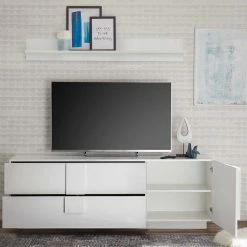 Hochglanz TV Kommode In Weiß - Kerym -Lana Sales hochglanz tv kommode in weiss mit tuer zwei schubladen kerym 02