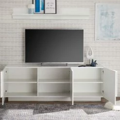 Hochglanz TV Unterschrank 3-türig - Kerym -Lana Sales hochglanz tv unterschrank 3 tuerig in weiss mit sockelgestell kerym 02