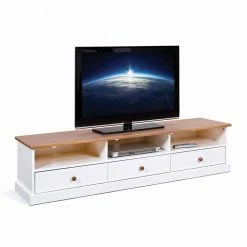 Kiefernholz TV Unterschrank In Weiß Braun - Vatina -Lana Sales kiefernholz tv unterschrank in weiss braun mit drei schubladen vatina 01