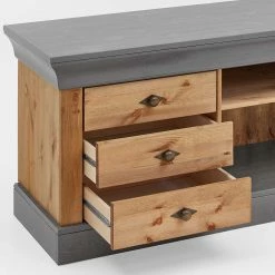Landhaus Lowboard Mit 3 Schubladen & 2 Fächern - Eshelas -Lana Sales landhaus lowboard mit 3 schubladen 2 faechern in grau kiefer lauge eshelas 03