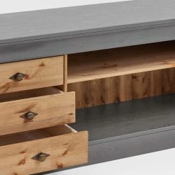 Landhaus Lowboard Mit 3 Schubladen & 2 Fächern - Eshelas -Lana Sales landhaus lowboard mit 3 schubladen 2 faechern in grau kiefer lauge eshelas 05