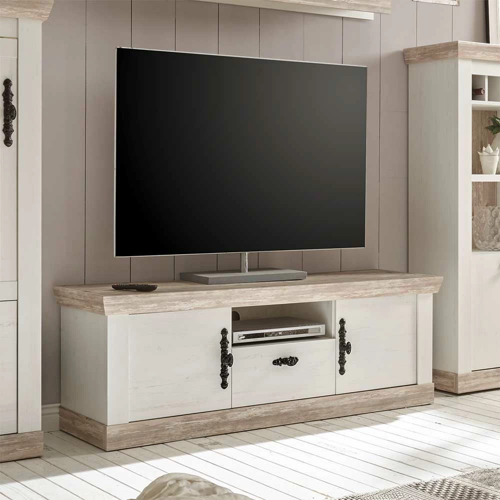 Landhaus TV Board In Weiß & Pinie Shabby Nedita 156 Cm Breit 4 Landhaus TV Board In Weiß & Pinie Shabby Nedita 156 Cm Breit – Bild 2