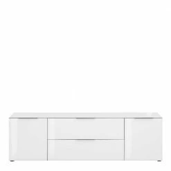 Modernes TV Board In Weiß Glas & Eiche Sonoma - Ildanov -Lana Sales modernes tv board in weiss glas eiche sonoma mit klappe schublade tueren ildanov 02