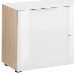 Modernes TV Board In Weiß Glas & Eiche Sonoma - Ildanov -Lana Sales modernes tv board in weiss glas eiche sonoma mit klappe schublade tueren ildanov 03