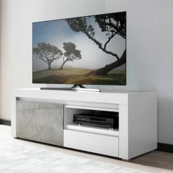 Modernes TV Board Mit 140 Cm Breite - Volicra -Lana Sales modernes tv board mit 140 cm breite in weiss grau marmoroptik volicra 01