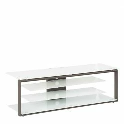 Modernes TV Glas Regal In Weiß & Anthrazit - Lakrym -Lana Sales modernes tv glas regal in weiss anthrazit gestell aus stahl lakrym 01
