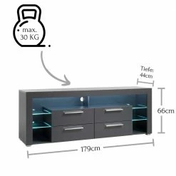 Modernes TV Lowboard In Grau Mit LED Licht - Ansonka -Lana Sales modernes tv lowboard in grau mit led licht vier schubladen glasboeden ansonka 04