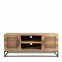 TV Lowboard Aus Massivholz & Rattan Geflecht - Lazianus -Lana Sales tv lowboard aus massivholz rattan geflecht mit metall buegelgestell lazianus 02