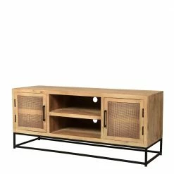 TV Lowboard Aus Massivholz & Rattan Geflecht - Lazianus