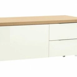 TV Lowboard In Weiß Glas & Eiche - Drinul -Lana Sales tv lowboard in weiss glas eiche mit zwei schubladen klappe drinul 03