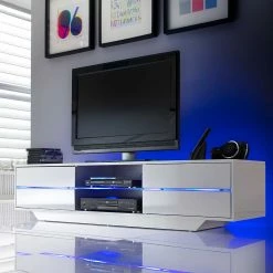TV Lowboard In Weiß Hochglanz Mit LED - Safira -Lana Sales tv lowboard in weiss hochglanz mit led 160 cm breit safira 01