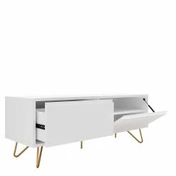 Weißes TV Lowboard Mit Klappe & Schublade - Marmore -Lana Sales weisses tv lowboard mit klappe schublade kurzen hairpin legs in gold marmore 03